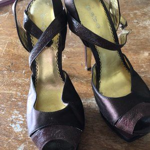 Brown Satin and leather bebe platform shoes 7